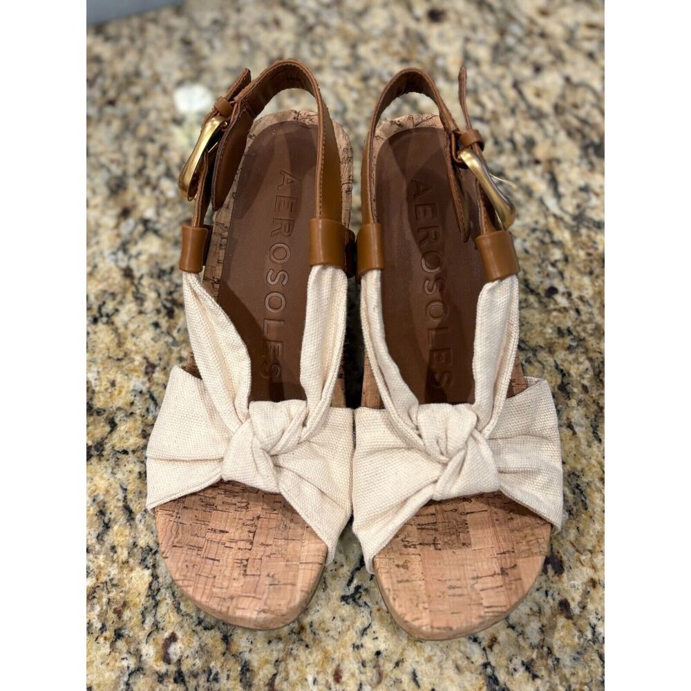 Women’s Tan & Cream Cork Wedge Sandal with Knot Detail - Picture 2 of 8